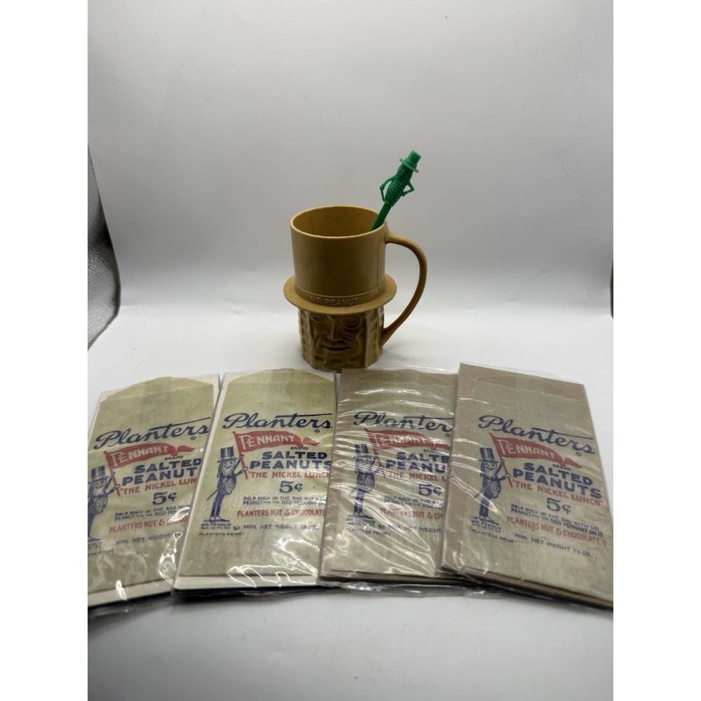 (4) Vintage Planters Mr Peanut Wax Bags Lot 1930s-50s (NOS) + Cup & Stirrer